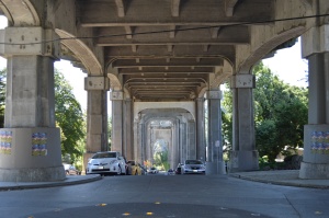 Under the Highway 99 bridge spanning Lake Union. 